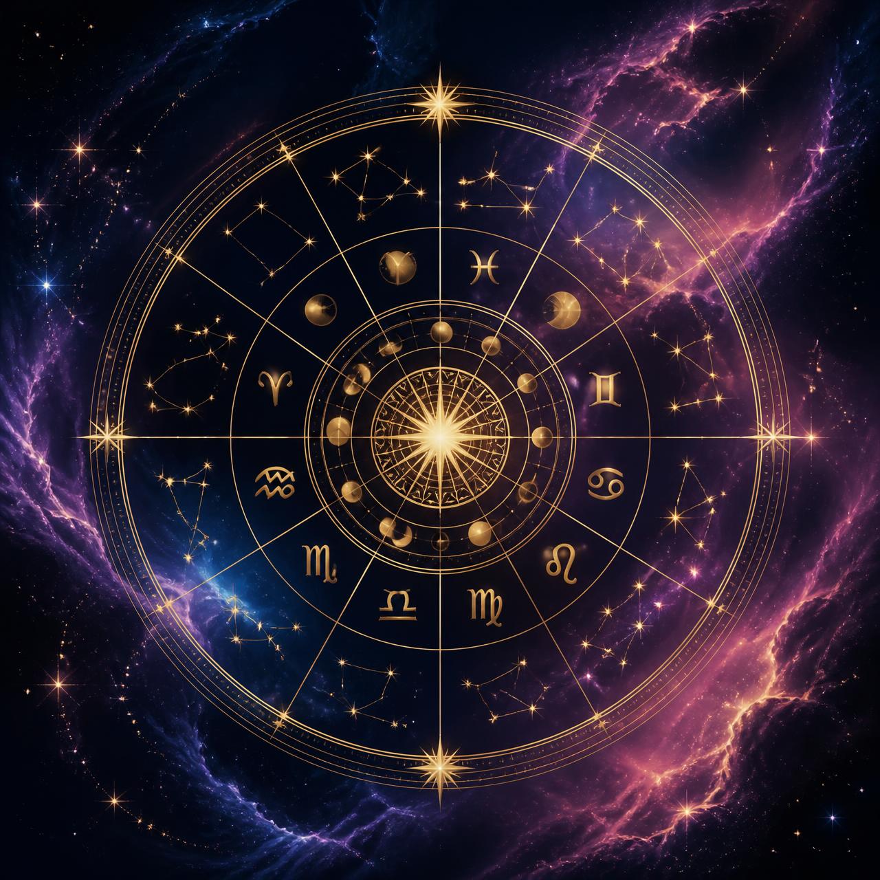 Golden astrological birth chart wheel with zodiac symbols in a purple nebula